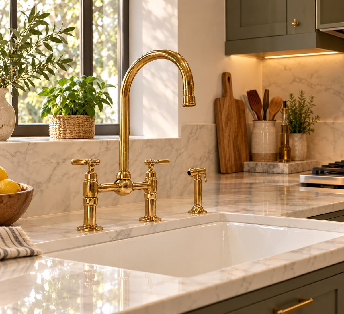 Unlacquered Brass Deck Mount Kitchen Faucet with Side Sprayer & Cold Water Tap – Handmade Brass Sink Faucet