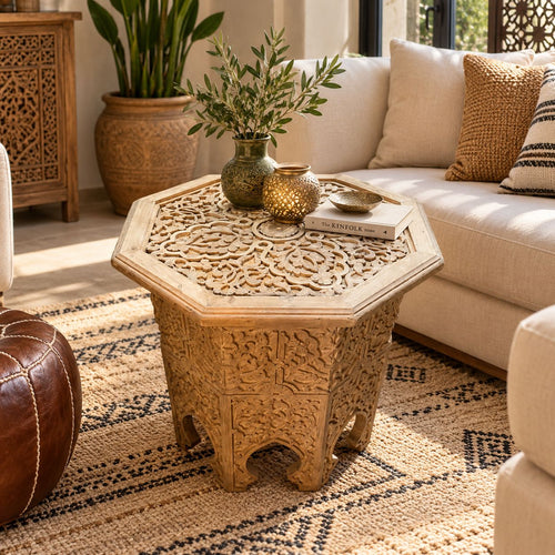 Hand-Graved Moroccan Side Table, Oriental Accent Table, Solid Wood, Handmade Boho Decor