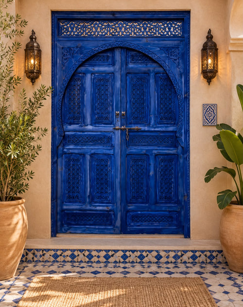 Hand-Carved Majorelle Cedar Wood Door – Authentic Moroccan Artisan Entrance Door