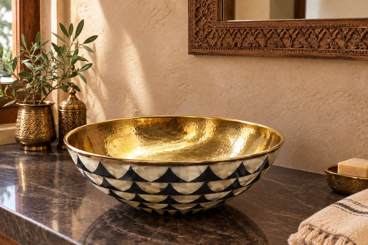 Solid Brass Bathroom Vanity Sink – Handmade Bone-Inlaid Vessel Basin