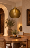 Moroccan Brass Perforated Pendant Light – Handmade Gold Hanging Ceiling Lamp for Kitchen & Dining Room