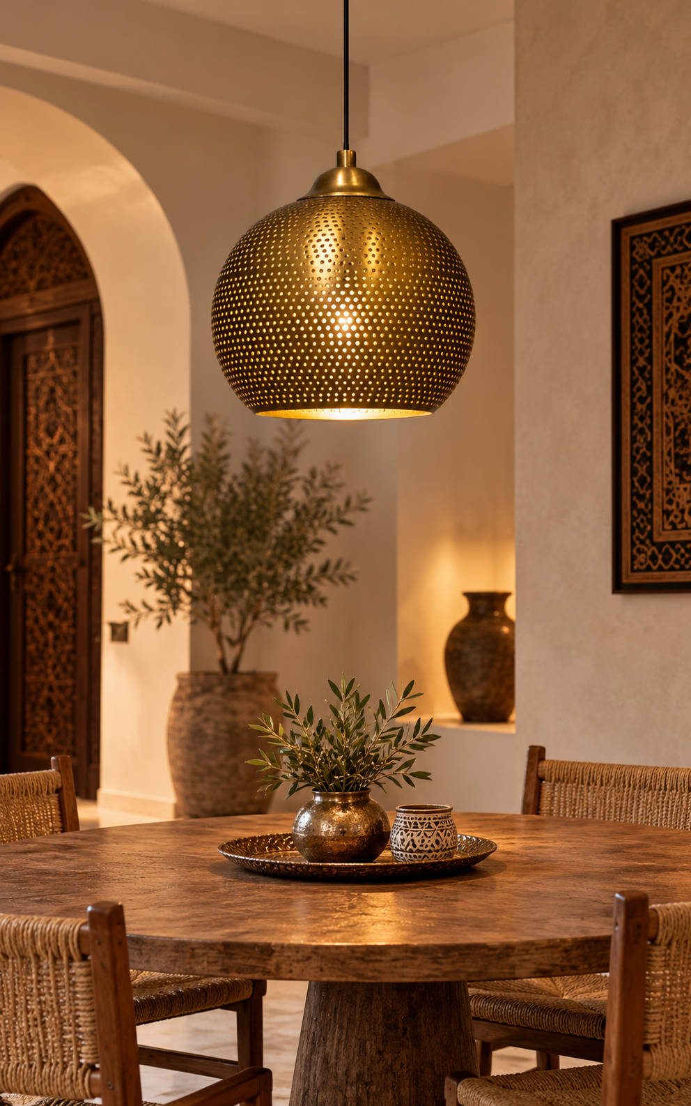 Moroccan Brass Perforated Pendant Light – Handmade Gold Hanging Ceiling Lamp for Kitchen & Dining Room