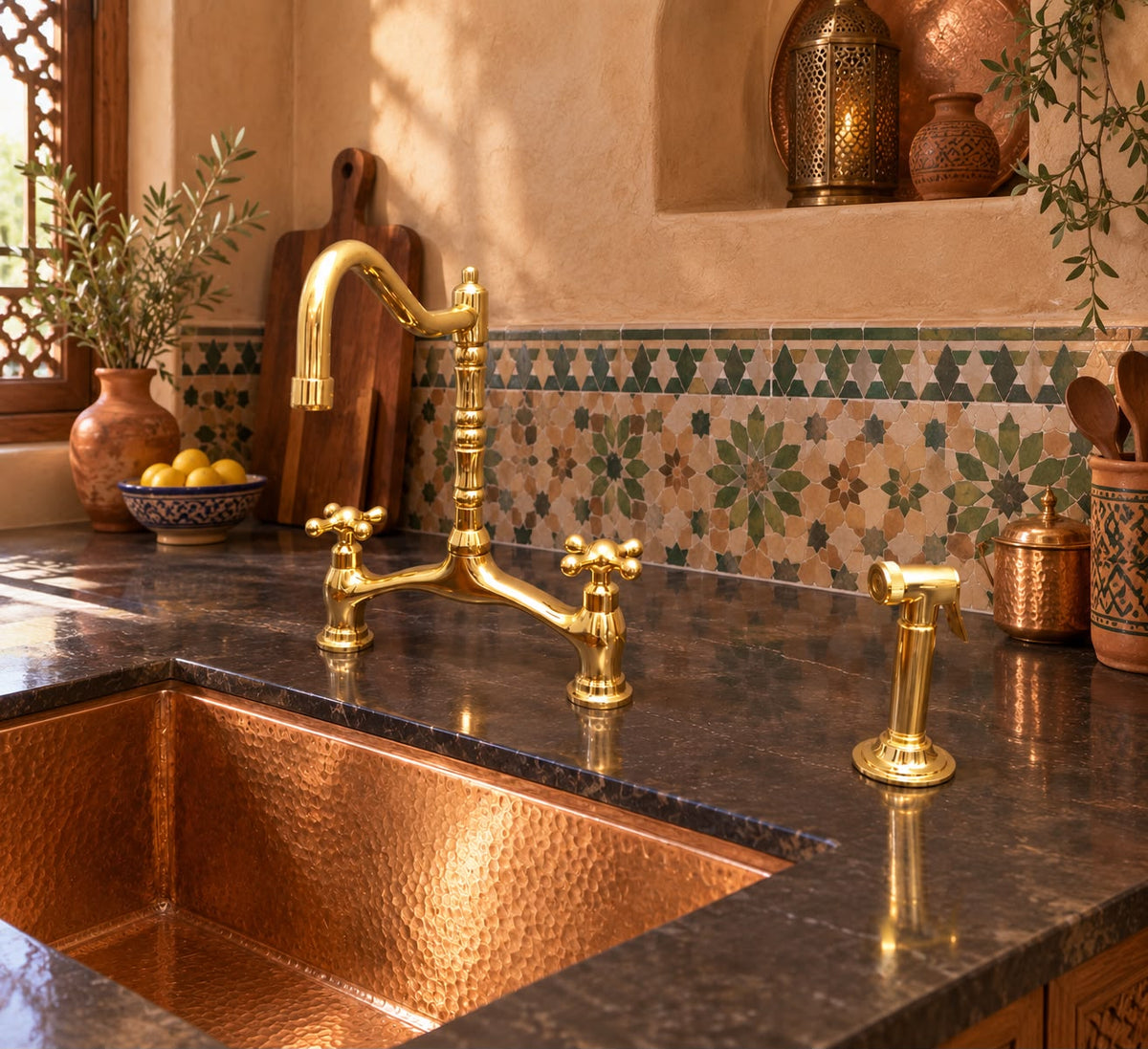Georgian Solid Brass Bridge Faucet – Unlacquered Brass Kitchen Sink Faucet
