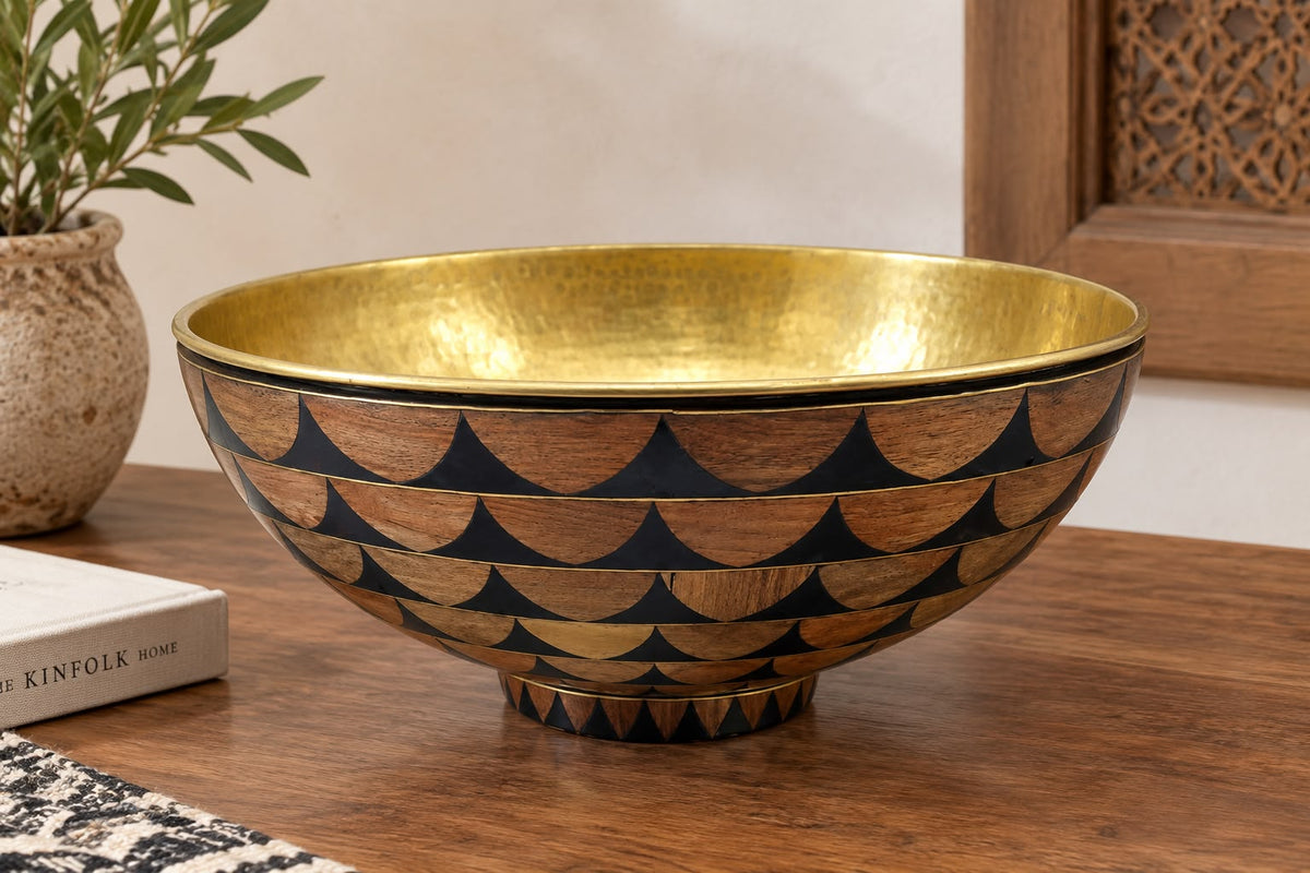 Unlacquered Brass Bathroom Sink – Handmade Vessel Bowl Sink with Wood and Black Resin Inlay