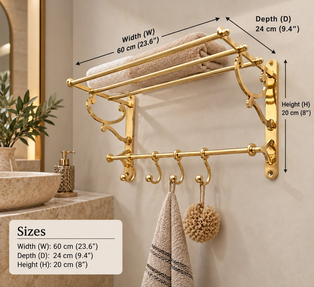 Unlacquered Brass Bathroom Shelf With Hooks For Clothes And Towels - Handmade