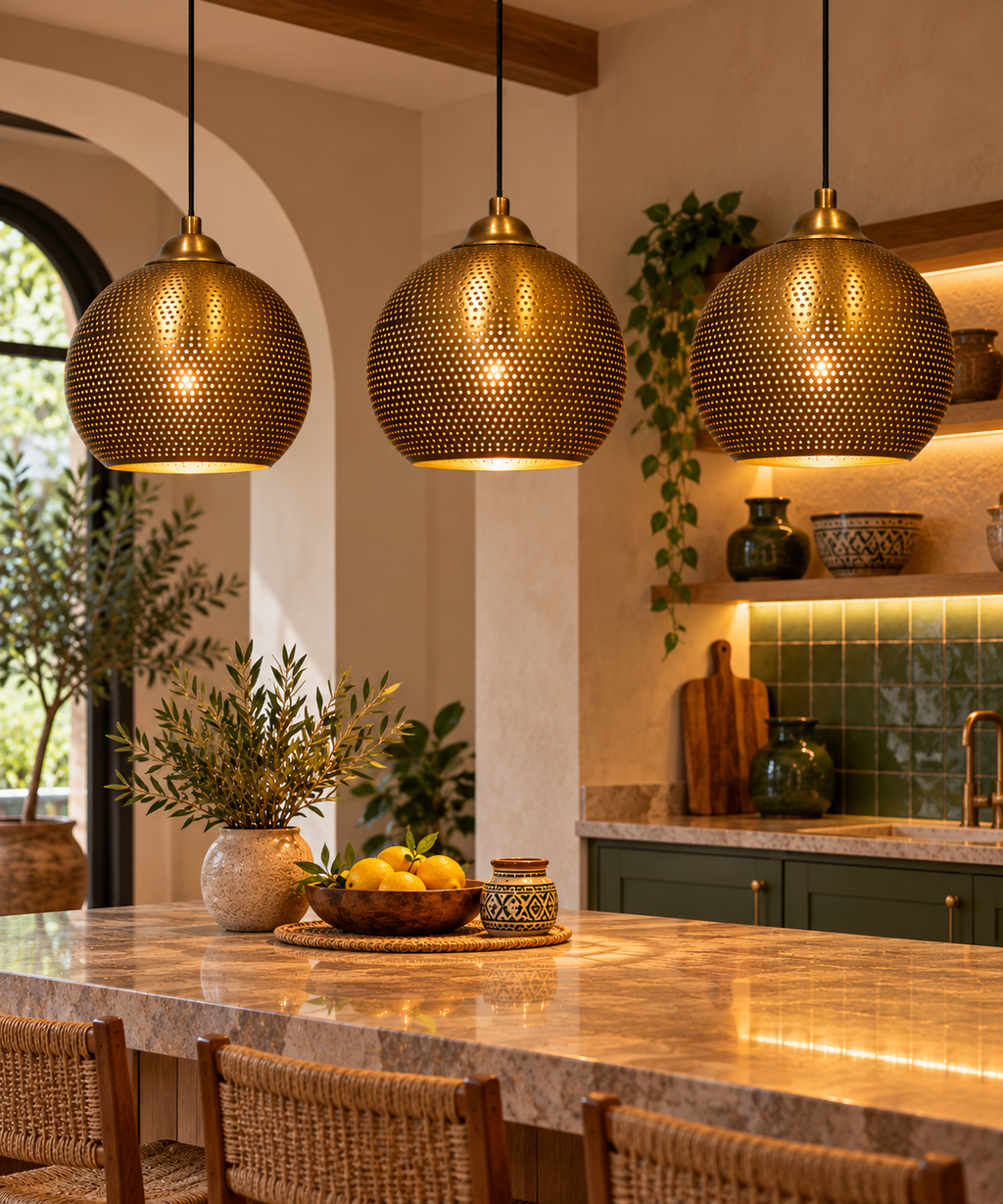 Moroccan Brass Perforated Pendant Light – Handmade Gold Hanging Ceiling Lamp for Kitchen & Dining Room