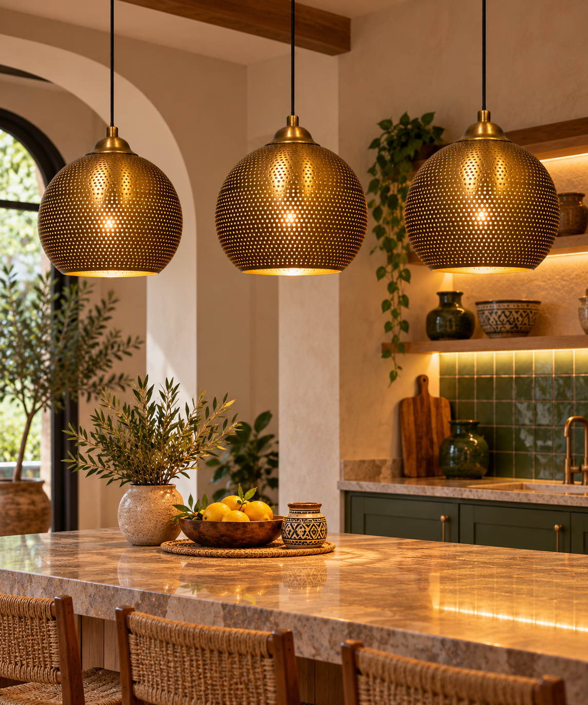 Moroccan Brass Perforated Pendant Light – Handmade Gold Hanging Ceiling Lamp for Kitchen & Dining Room