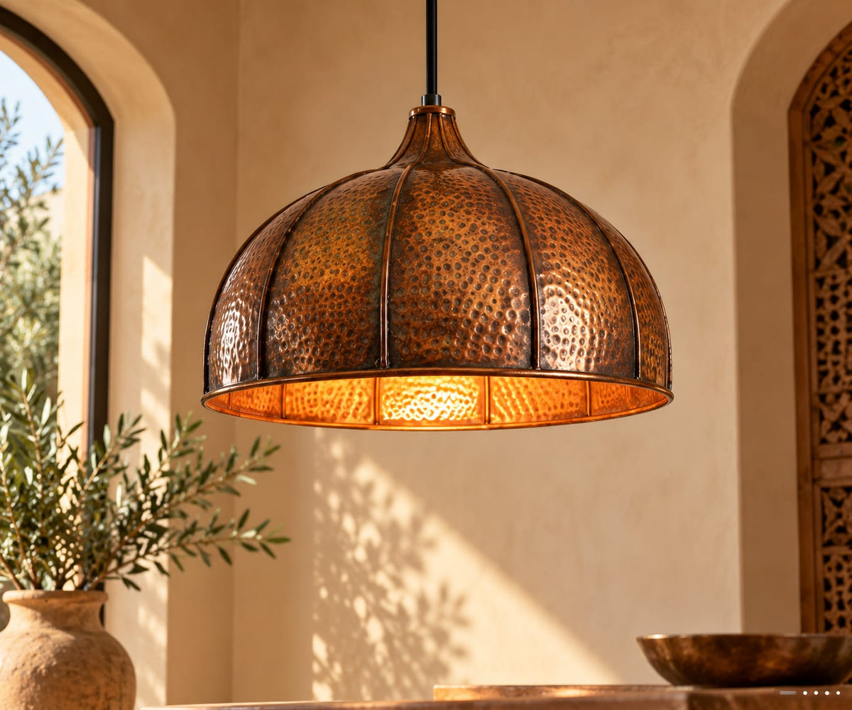 Handmade Hammered Copper Dome Pendant Light – Moroccan Artisan Ceiling Lamp & Dining Room